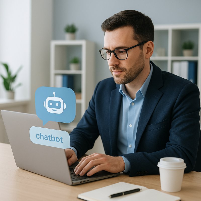 empresario autónomo utilizando un chatbot de IA en su oficina