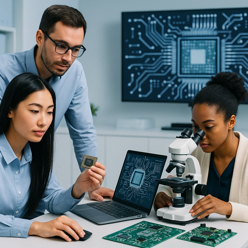 startups tecnológicas trabajando en diseño de chips en laboratorio