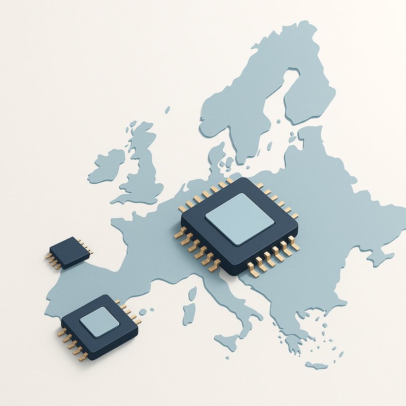ilustración de chips y mapa de Europa mostrando independencia tecnológica