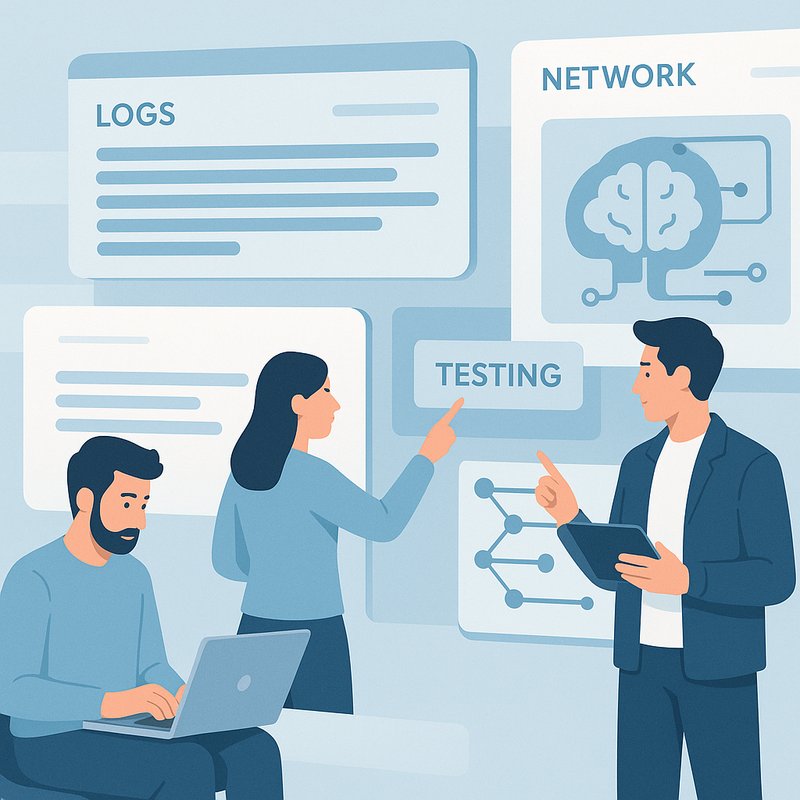 personas revisando logs y configuración de red en entorno de pruebas IA
