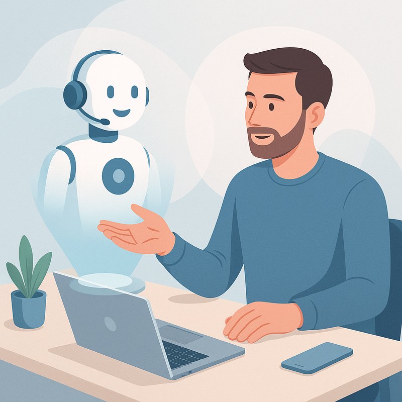 ilustración sobre un autónomo o pequeña empresa interactuando con un ASISTENTE de IA