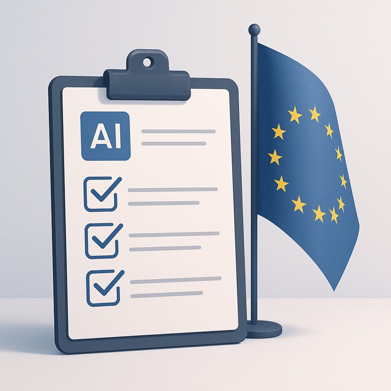 Representación de un checklist de regulación de IA con bandera de la UE
