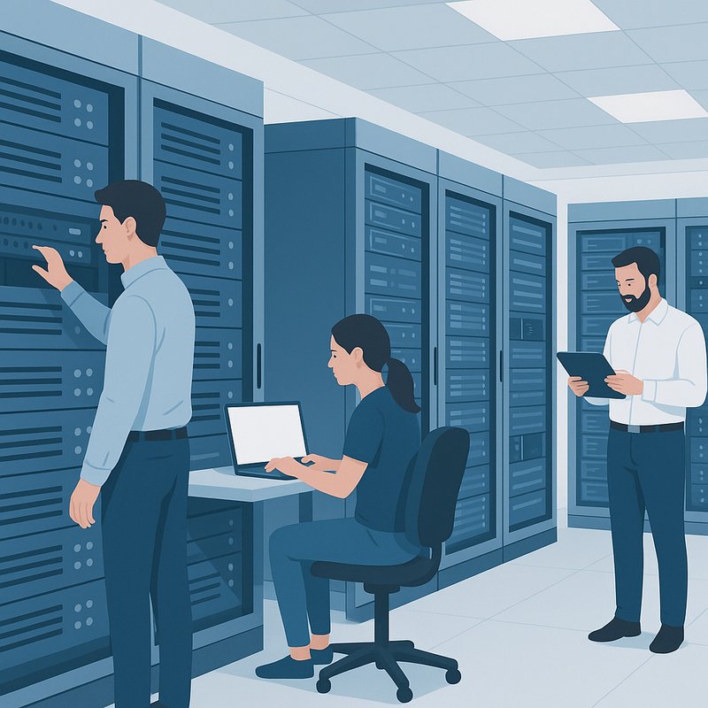 centro de datos con operarios trabajando en servidores